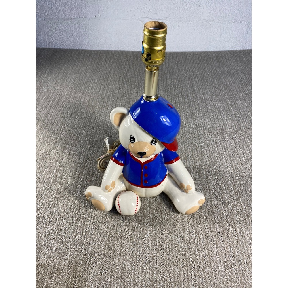 Vtg Beslar Inc Baseball Bear Ceramic Lamp Blue Red Baseball Player Table Light